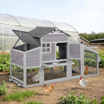 GUTINNEEN Chicken Coop with Wheels for 2-4 Chickens, Large Wooden Outdoor Hen House with Run, Waterproof & UV-Resistant Roof, Removable Leakproof Tray and Divided Nesting Box– Grey - color: (Grey-AIR32)