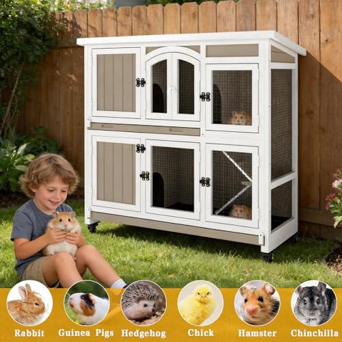 Gowoodhut 47" L Large Guinea Pig Cage Indoor with Wheels, 2-Story Wooden Hutch with 2 Deep Pull-Out Trays, Anti-Chew Ramps & Hideout for Hamsters, Ferrets & Rabbits, Grey, Easy-Clean Small Pet Home