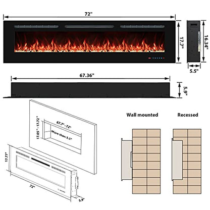 72" Electric Fireplaces Inserts, Recessed & Wall-Mounted Fireplace Heater with Thermostat, Multicolor Flames,Timer, Log & Crystal, 750/1500W - size: 72 inch