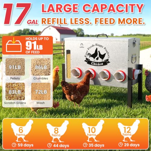 16gal Large Automatic Chicken Feeder - 10 Port No Waste Poultry Feeder, Rust-Proof Alloy Steel with Locking Lid & Adjustable Legs for Chickens, Ducks, Geese, Poultry - size: 16GAL-88LB