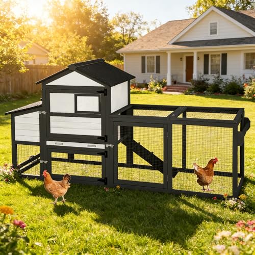 Aivituvin Chicken Coop Expandable Mobile Chicken House for Outdoor with Wheels, Nesting Box, Leakproof Pull-on Tray and UV-Resistant Roof Panel (Black&White) - color: Black&White, size: 80.7"L x 22.0"W x 44.1"H