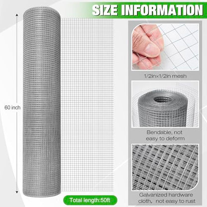 Tatuo Hardware Cloth 1/2 Inch 60in x 50ft Hot Dip Galvanized After Welded Cage Mesh Rolls 21 Gauge Metal Chicken Wire Mesh Roll Wire Fencing Poultry Netting for Raised Garden Rodent Animals - color: Silver, size: 60in X 50ft