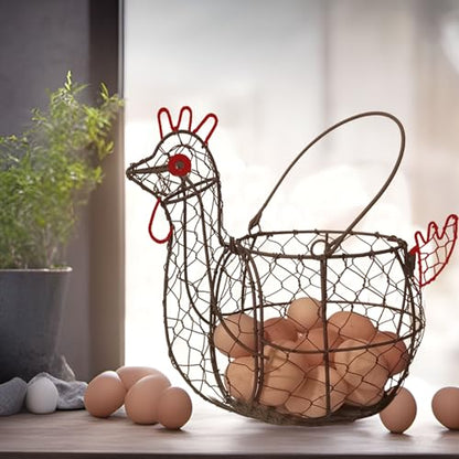 Rustic Wire Egg Basket with Handle, Rooster Chicken Shaped | Metal Construction, Holds 15-30 Eggs, Farmhouse Countertop Decor, Chicken Coop, Easter and Gift