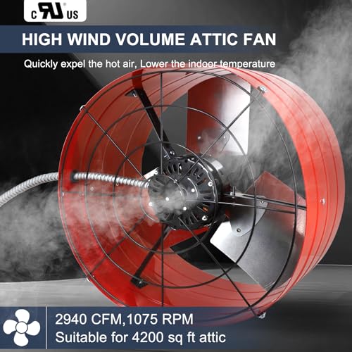 Criditpid 16 Inch Gable Mount Vent Attic Fan, Exhaust Ventilation Fan with Adjustable Thermostat for Gable, Home, Shed, Garage, Portable Building, 3.4A, 1075RPM, 2940CFM, 4200 Sq.Ft Coverage Area, Red - color: 2940CFM