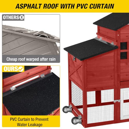 Aivituvin Chicken Coop Mobile Chicken House on Wheels Expandable Wooden Poultry Cage with Large Nesting Box Leakproof Pull-Out Tray Rabbit Hutch Bunny Cage,UV-Resistant Roof - size: Red 73.38"L x 27.9"W x 43.2"H
