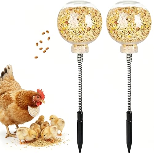 Chicken Slow Feeder Ball & Enrichment Toys for Hens Poultry, Interactive Boredom Busting Chicken Coop Accessories, Spring Loaded Swing Feeder with Ground Stake for Parrots Ducks Birds - color: 2PCS