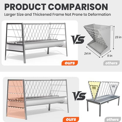 62" L Goat Hay Feeder 92 Gallon Stainless Steel Feeder for Goats | 2-in-1 Hay & Grain Large Capacity for Sheep, Horses | Freestanding Outdoor Farm Livestock Feeder, Easy Assembly