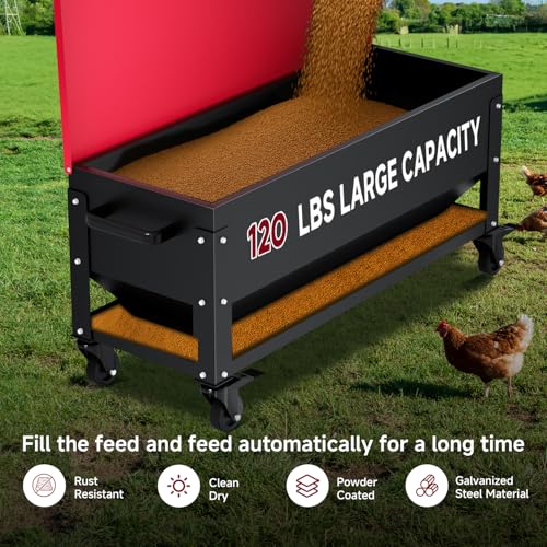 Heavy Duty Chicken Feeder 120 lbs Large Capacity, Metal Automatic Poultry Feeding Box with Waterproof Lid, Raised Standing Feeder with Wheels for Hens & Roosters, Portable & Easy to Move - color: Red