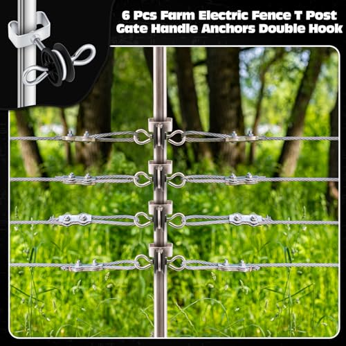 Gisafai 6 Pcs Electric Fence Gate Handles T Post Gate Handle Anchors Double Hook 2 Rings Steel Insulators with Easy Screws for Wire Electric Fence Wood Post Agricultural and Ranchers, Black