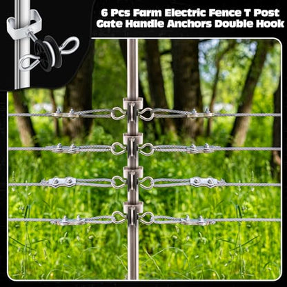 Gisafai 6 Pcs Electric Fence Gate Handles T Post Gate Handle Anchors Double Hook 2 Rings Steel Insulators with Easy Screws for Wire Electric Fence Wood Post Agricultural and Ranchers, Black