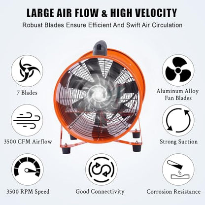 IDEALHOUSE 12 Inch Utility Blower Exhaust Fan with 16.4 ft Duct Hose, 3500 CFM High Velocity Air Mover, Heavy Duty Ventilation Fan for Workshop Garage, 3500 RPM Low Noise, Portable - size: 12 Inch Fan+16.4 FT Ducting