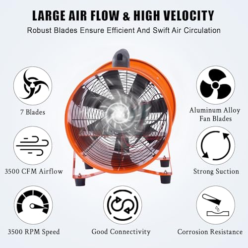 IDEALHOUSE 12 Inch Utility Blower Exhaust Fan with 32.8 ft Duct Hose, 3500 CFM High Velocity Air Mover, Heavy Duty Ventilation Fan for Workshop Garage, 3500 RPM Low Noise, Portable - size: 12 Inch Fan+32.8 FT Ducting