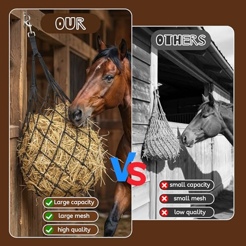 3 Pcs 47" Large Heavy Duty Hay Nets for Horses,Slow Feed Hay Bags for Horses – Hanging Hay Net Feeder with Straps & Hooks for Stall, Fence, Trailer, Goats & Sheep