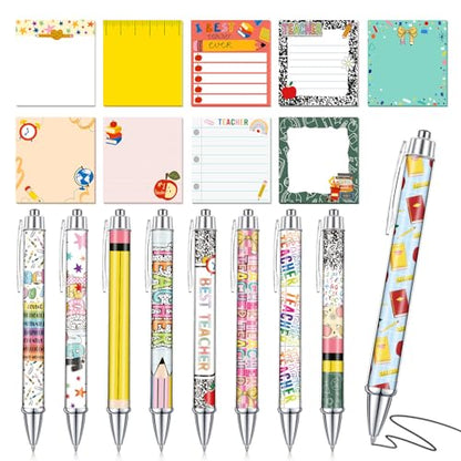 18 Pcs Teacher Desk Accessories, 9 Pads Cute Sticky Notes, 9 Kawaii Pens, 3 x 3 Inches Notepads Memo Pad for Office Supplies Meeting Students School Decor Teacher Gifts - style: Teacher