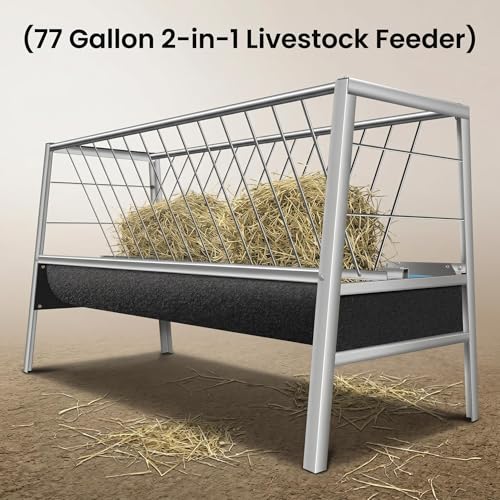 77 Gallon Hay Feeder, Stainless Steel Goat Feeder for Goats Sheep Calves and Horses, Anti-Waste Goat Feeder with Rubber Trough Livestock Feeder