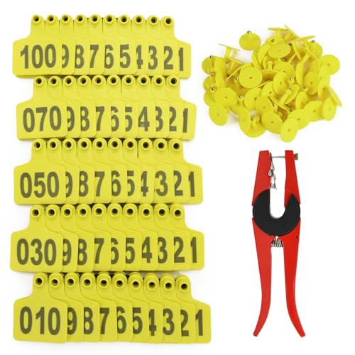100 Numbered Cattle Ear Tags Large Animal Identification Tags TPU Livestock Ear Tag for Cattle Cow Horse Hog Pig Goat Sheep Applicator Kit (001-100 Yellow)