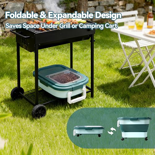 Wood Pellet Storage Container 20-25lbs, Airtight Bin with Locking Lid & Clear Window, Collapsible Pellet Bucket with Wheels, Scoop & Labels, Dark Green - color: Green-M