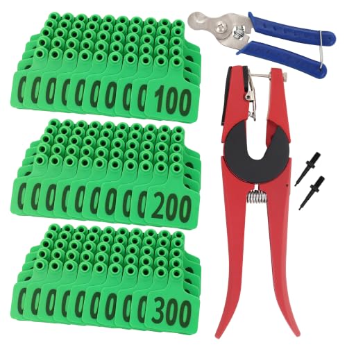 Cattle Ear Tags 001-100 Number Plastic Livestock Animal Tag for Cows Ear Tag Applicator Kit (001-300, Green) - color: Green