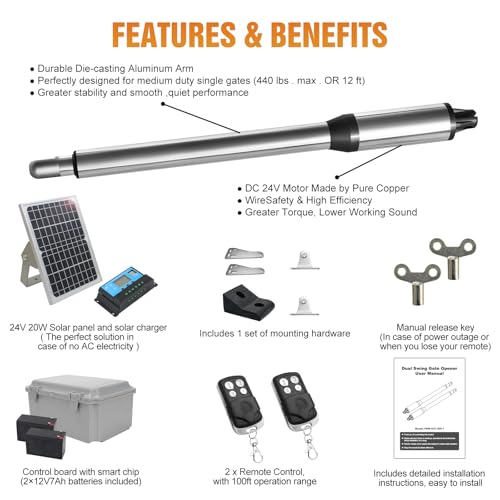 JUJIANG C01 Solar Gate Opener with Batteries & Solar Panel for Dual Swing Gates Up to 440lb 12FT per Arm Automatic Gate Opener with Remote Complete Kit Light Duty Automatic Gate Openers Solar Powered - style: 440lb Solar Dual Gate Opener