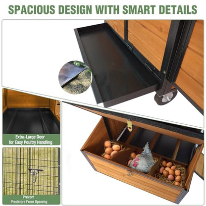 GUTINNEEN Large Chicken Coop with Run, Mobile Chicken Tractor for 6-8 Chickens, Upgraded Metal Frame Hen House with Wheels, 6 Nesting Boxes, Metal Pull-Out Tray, Asphalt Roof - size: 76.65"L x 53.81"W x 36.81"H