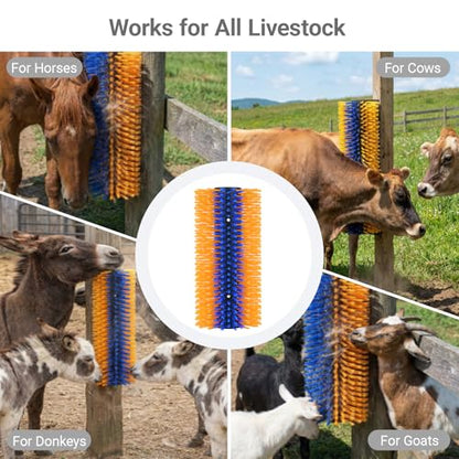2 Pack Livestock Scratching Brush, Large Horse Grooming Brush Kit With Stainless Steel Curry Comb for Full Massage, Heavy Duty Animal Scratcher for Goat, Cow, Donkey, Horses, Barn or Pasture