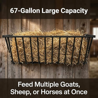 Wall-Mounted Hay Feeder, Carbon Steel Goat Feeder, 67 Gallon Dual-Purpose Rack for Livestock Feed, Blankets, Clothes, 63" x 13" x 17"