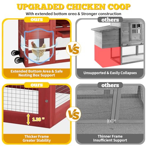 Portable Chicken Coop with Wheels Poultry Cage, Wooden Chicken Coop for 4-6 Chickens, Nesting Box, Pull-Out Tray, Ventilated Windows, Asphalt Weatherproof Roof, 81.5" Lx25.6 Wx44.1 H, Red - color: Red