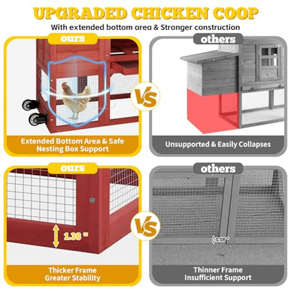Portable Chicken Coop with Wheels Poultry Cage, Wooden Chicken Coop for 4-6 Chickens, Nesting Box, Pull-Out Tray, Ventilated Windows, Asphalt Weatherproof Roof, 81.5" Lx25.6 Wx44.1 H, Red - color: Red