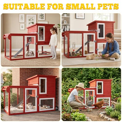 Mobile Chicken Coop with Wheels for 1–2 Chickens,Rabbit Hutch Indoor Outdoor, Small Chicken Coop Bunny Cage with Run, Waterproof Asphalt Roof & UV-Resistant Roof, Pull-Out Tray, Red