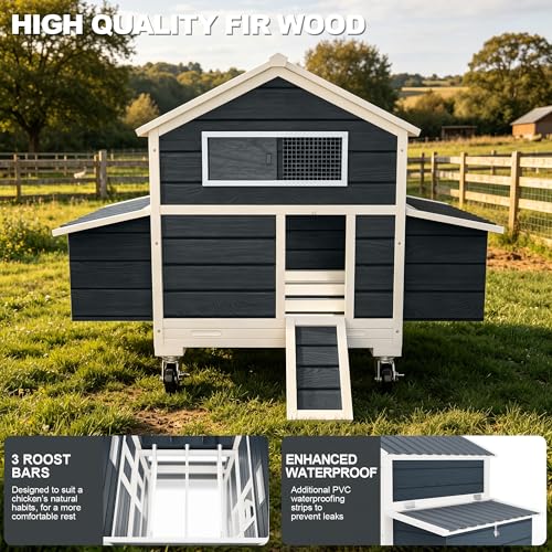 Chicken Coop on Wheels, Large Mobile Wooden Hen House for 4-6 Chickens, Outdoor Poultry Cage with Nesting Box, Chicken House for Outside Farm Backyard - size: 60.2"L x 35.4"W x 57.8"H