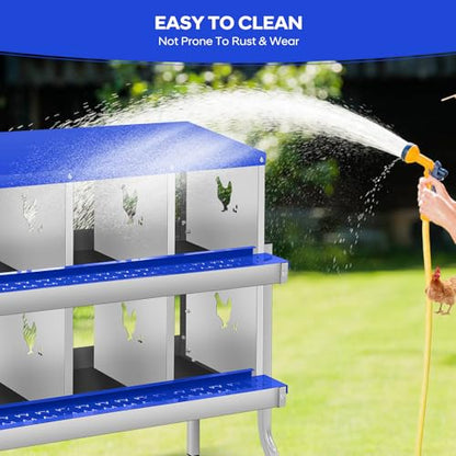 GarveeTech Chicken Nesting Box with Legs, 6 Compartment Metal Hen House, Elevated Design for Cleaner Eggs, Easy Egg Collection & Durable Poultry Nesting Solution - size: Blue-6 Compartments with legs