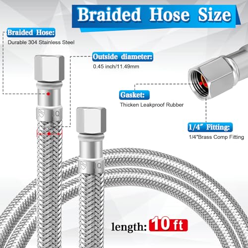 Stainless Steel Refrigerator Water Line Kit - 10ft Braided 1/4" Fitting with Brass Tee Stop Valve, Wrench, Sealing Tape for Ice Maker Water System