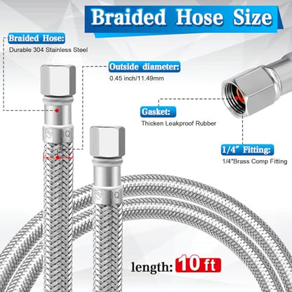 Stainless Steel Refrigerator Water Line Kit - 10ft Braided 1/4" Fitting with Brass Tee Stop Valve, Wrench, Sealing Tape for Ice Maker Water System