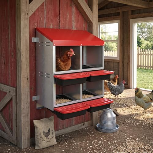 Metal Chicken Nesting Box - Heavy Duty Roll Away Nesting Boxes for Chickens Coop with Easy-Collect Tray & Lid, 4 Hole Galvanized Steel Egg Laying Boxes for Hens Ducks, Wall Mount or Freestanding - color: Red, size: 4 Holes & 2-tier