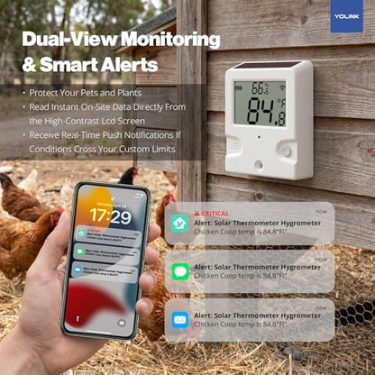 YoLink Outdoor Solar Thermometer Hygrometer, Long-Range with LCD Display, Solar-Powered, Weatherproof Monitoring for Greenhouse, Porch & Shed, Hub Required, YS8002