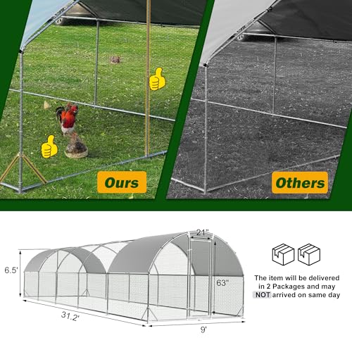 Large Metal Chicken Coop Round Top Upgrade Tri-Supporting Wire Mesh Chicken Run,Chicken Pen with Water-Resident and Anti-UV Cover,Duck Rabbit House Outdoor (Dome Roof 31.2'L x 9'W x 6.5'H) - size: 374.4"L x 108.0"W x 78.0"H