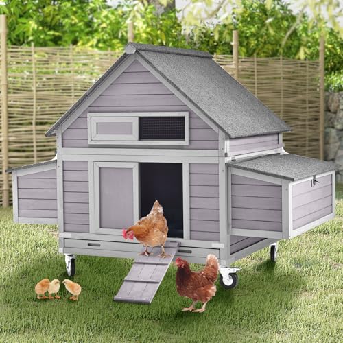 Aivituvin Chicken Coop with Wheels Large Poultry Cage with Two Nesting Boxes Outdoor 19ft² Wooden Hen House - size: 67"L x 39.8"W x 49.5"H