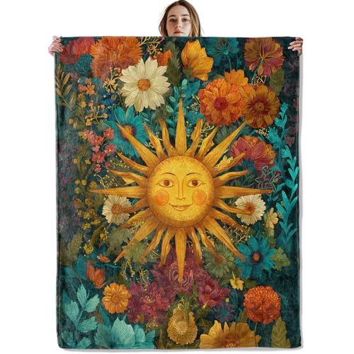 Vintage Sun Face Celestial Blanket, Soft Cozy Lightweight Wildflowers Throw Blanket for Women Girls Kids, Sofa Couch Bed 50x60 Inch Flannel Boho Blankets for Travel Decor Gifts - color: Sun50, size: 50×60 Inch