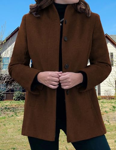 LIZALIG Women's Stand Collar Pea Coat Winter Long Sleeve Wool Blend Short Jackets Single Breasted Blazer Coat Outwear - color: Brown, size: Medium