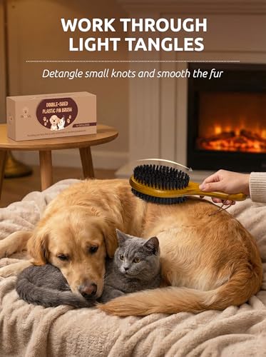 TAKAVU Pin & Bristle Pet Brush for Dogs & Cats - Double Sided Grooming Tool Detangles, Removes Loose Hair & Conditions Coat - Wood Handle - color: Black Boar Bristle & Pin Brush