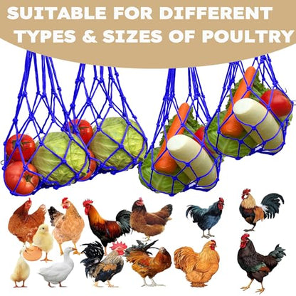 Chicken Vegetable Fruit Hanging Feeder 4Pcs, Reusable String Bag with Hook for Chicken Coop Toys, Poultry Feeding Tool for Hens,Duck,Goose (Blue) - color: Blue