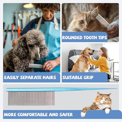 Grooming Pet Comb Rat Tail Dematting Cat and Dog Comb，Rounded Ends Design for Safe Tangle Removal, Hairstyling, Massage，Loose Hair Removal，Prevent Irritation，Fluffing Paws,Face,Tail,Remove Tear Stain - color: Blue