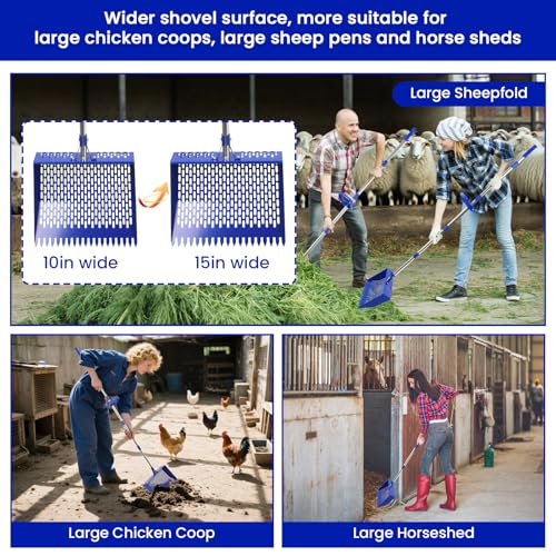 15 in Wide Chicken Poop Scooper and rake，Heavy Poop Scoop Shovel for Cleaning Coops, Adjustable Long Handle， Suit for Cleaning Chicken coops, racecourses, and Sheep pens