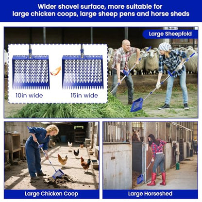 15 in Wide Chicken Poop Scooper and rake，Heavy Poop Scoop Shovel for Cleaning Coops, Adjustable Long Handle， Suit for Cleaning Chicken coops, racecourses, and Sheep pens
