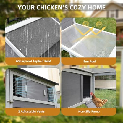 Wooden Chicken Coop with Run 112.6" Large Poultry Cage with Hardware Cloth | Chicken House for 2-6 Chickens with 2 Nesting Boxes, Pull-out Tray, Sun Roof Weather Resistant Roof
