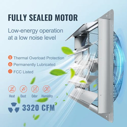 VEVOR 24'' Exhaust Fan, Wall Mounted Attic Fan with Variable Speed, 3320 CFM, Automatic Shutter, Ventilation and Cooling, Silver, Fan Only - size: 24 Inch
