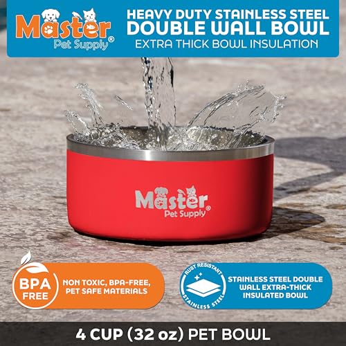 Master Pet Supply Stainless Steel Dog Bowls - 32 oz, Heavy Duty - Crimson Flame, Double Wall Extra-Thick Insulated, Non-Slip Pet Water Bowl for Dogs, Cats & Pets, Anti Rust Metal, Dish Washer Safe - color: Crimson Flame, size: 4 Cups (32 oz)