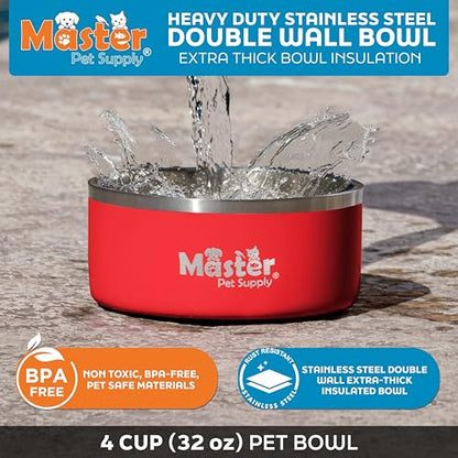 Master Pet Supply Stainless Steel Dog Bowls - 32 oz, Heavy Duty - Crimson Flame, Double Wall Extra-Thick Insulated, Non-Slip Pet Water Bowl for Dogs, Cats & Pets, Anti Rust Metal, Dish Washer Safe - color: Crimson Flame, size: 4 Cups (32 oz)