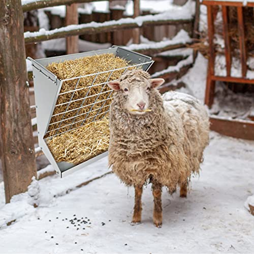 Wall Mount Hay Rack, Heavy-Duty Galvanized Metal 2 in 1 Hay and Grain Feeder, Livestock Feeder with Adjustable Distance, Hay Feeder for Goats, Sheep, Horse - color: Silver