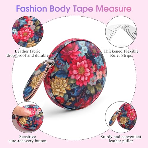 Retractable Mini Tape Measure, Auto-Retract, Premium Leather Tape Measure, Dual-Sided Ruler, Ideal for Fabric Cutting, Body Measurements, and Handicrafts (Colorful Flowers) - color: Colorful Flowers